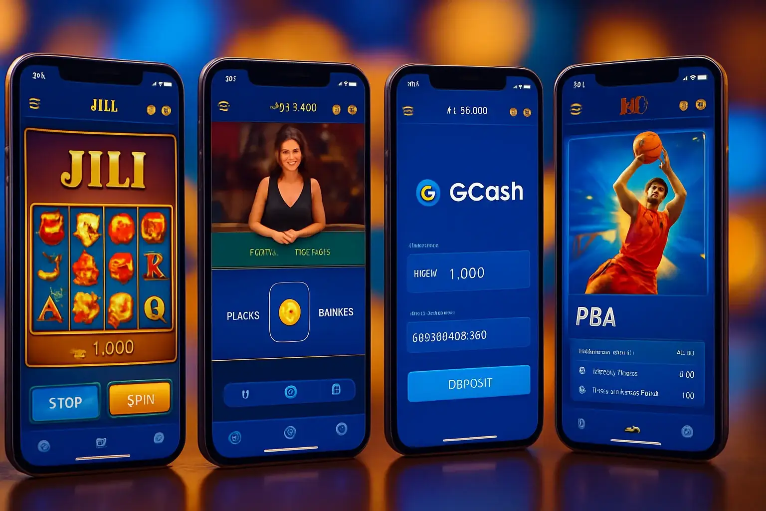 Multiple Android screens showing Philippine casino app with slots, baccarat, GCash, sports betting
