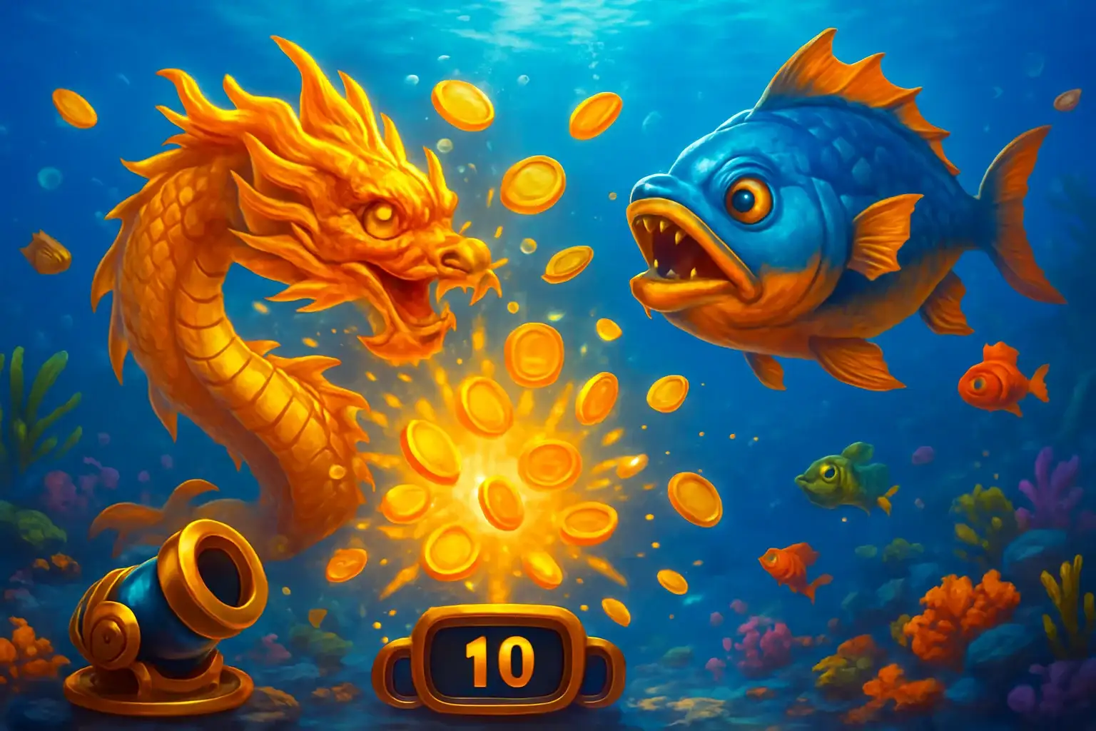 Vibrant Philippine casino fishing game with colorful fish and coin explosions