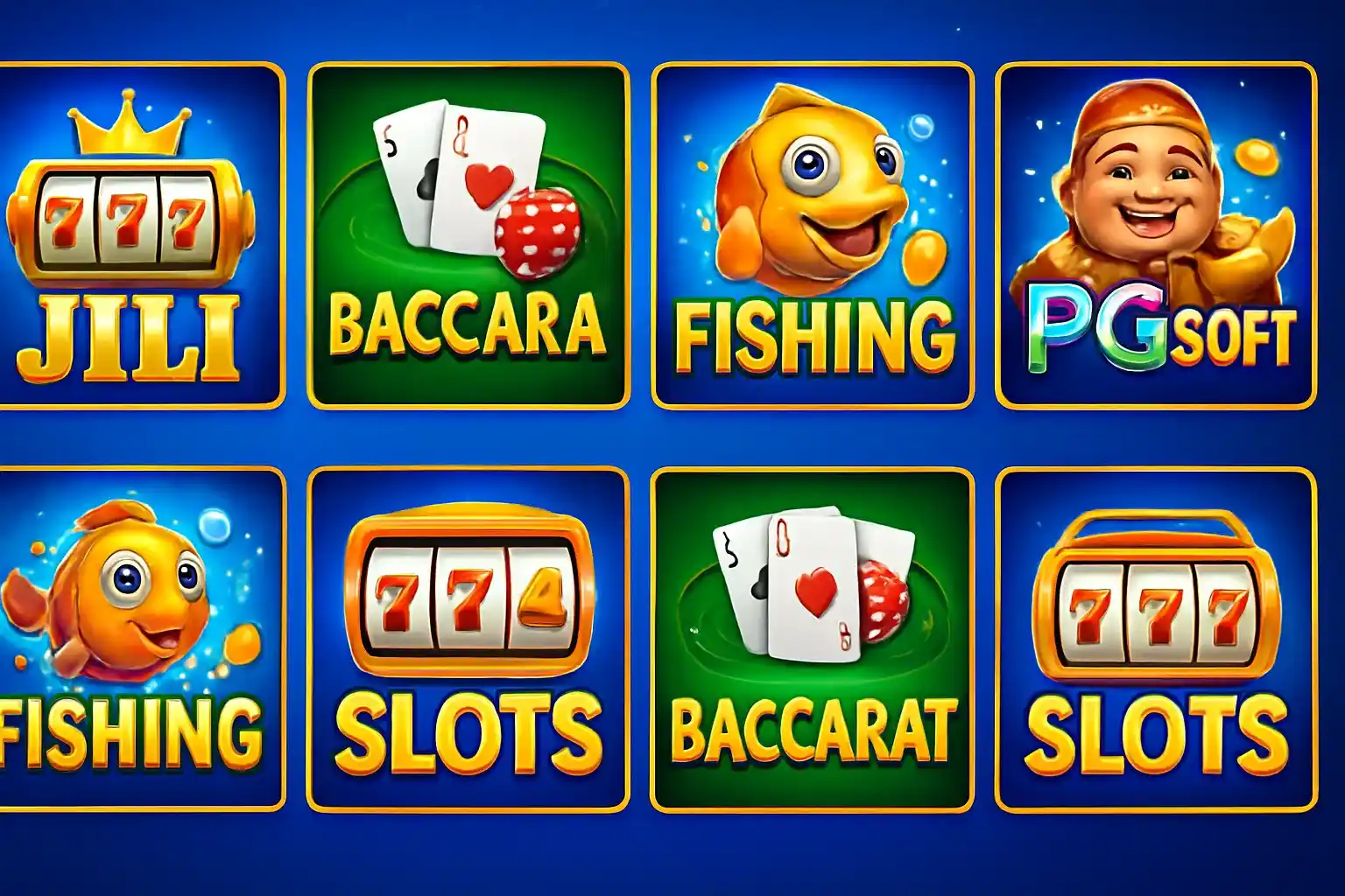 Colorful grid of Philippine casino game thumbnails with blue and gold UI