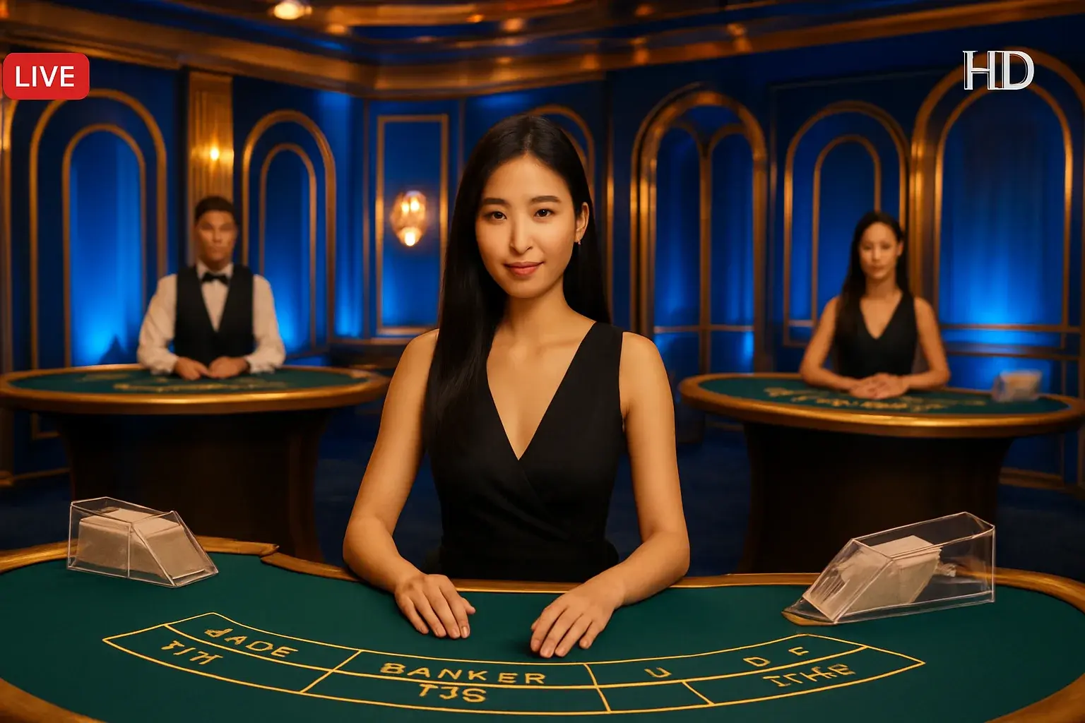 Elegant live casino studio with Asian dealers, baccarat and blackjack tables