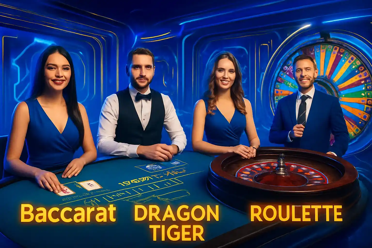 Live casino game cards with baccarat, roulette, Crazy Time, and dealers