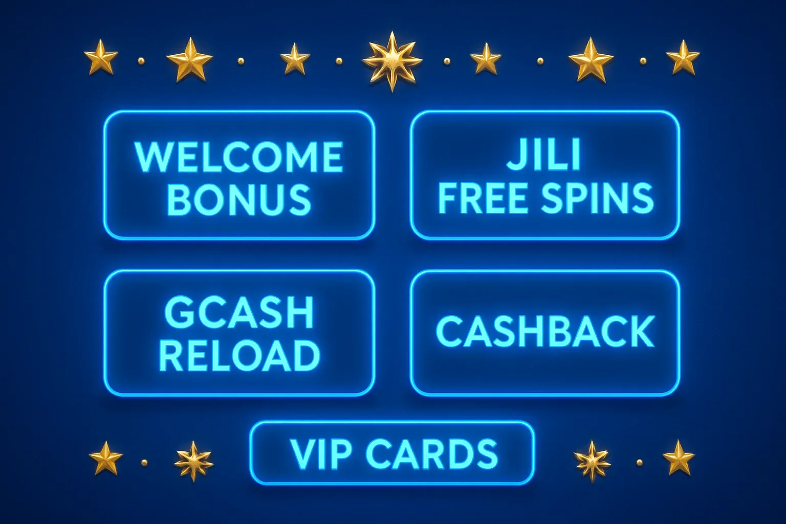 Welcome bonus, JILI free spins, GCash reload, cashback, VIP cards on royal blue