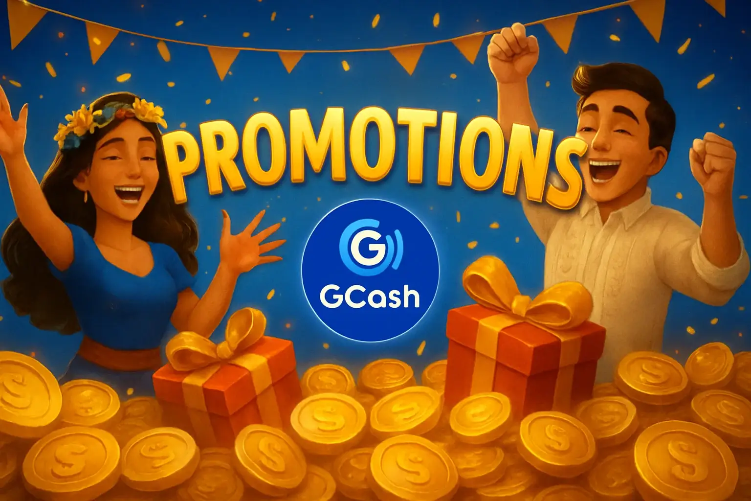 Philippine casino promotions banner with gold coins, gift boxes, GCash badge, JILI characters