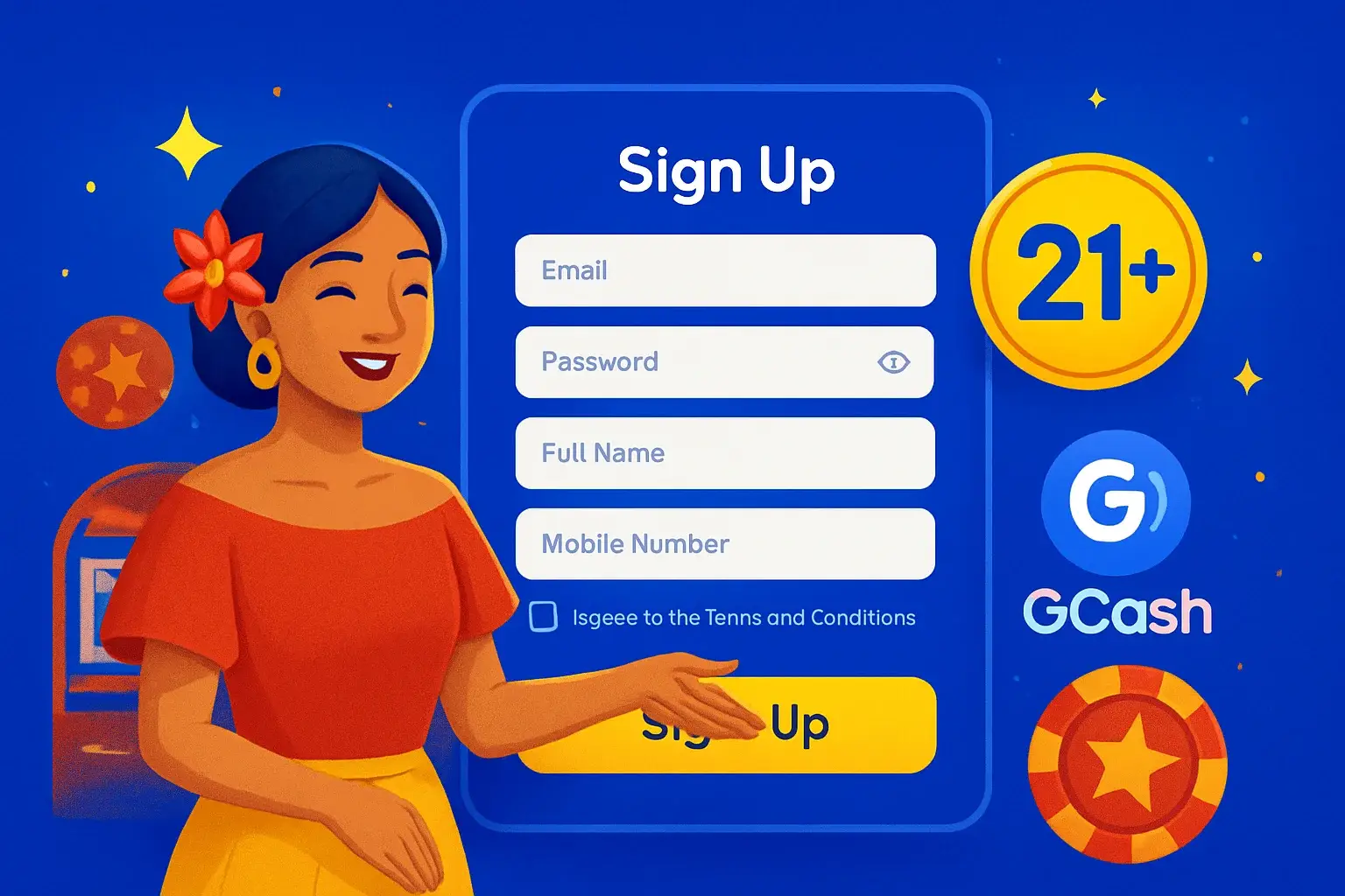 Philippine casino registration page with GCash logo and gold 21+ badge