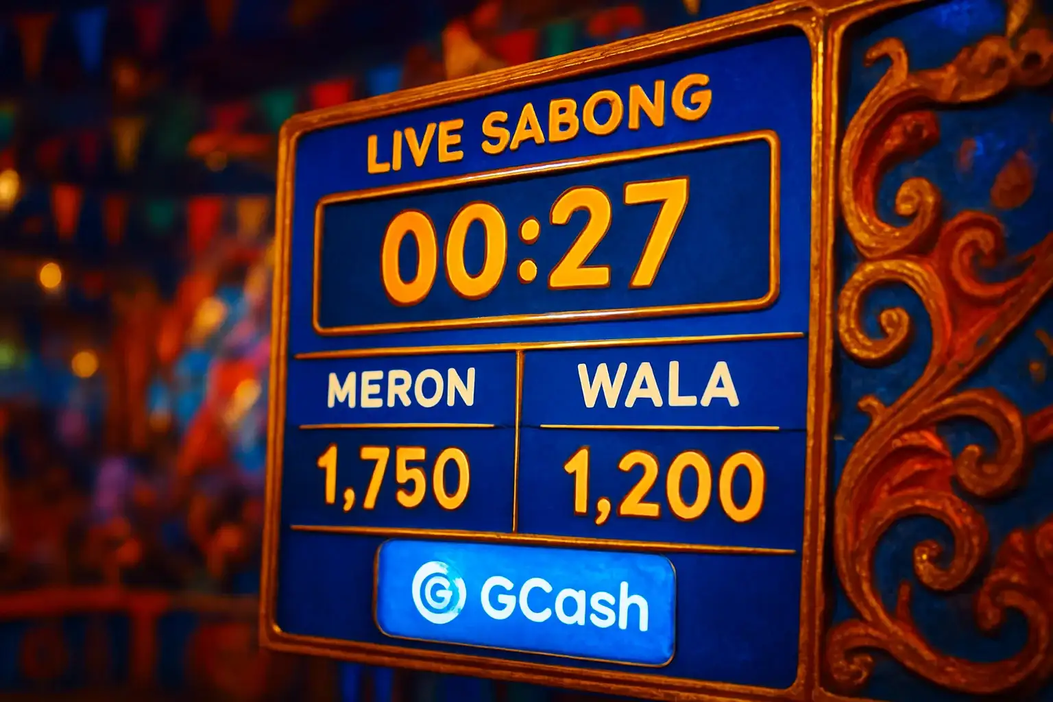 Live sabong countdown timer with Meron vs Wala betting panel and GCash badge