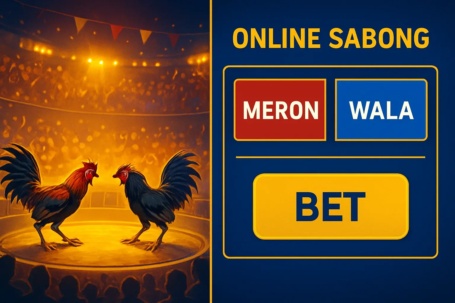 Philippine online sabong betting interface with Meron and Wala panels in blue and gold