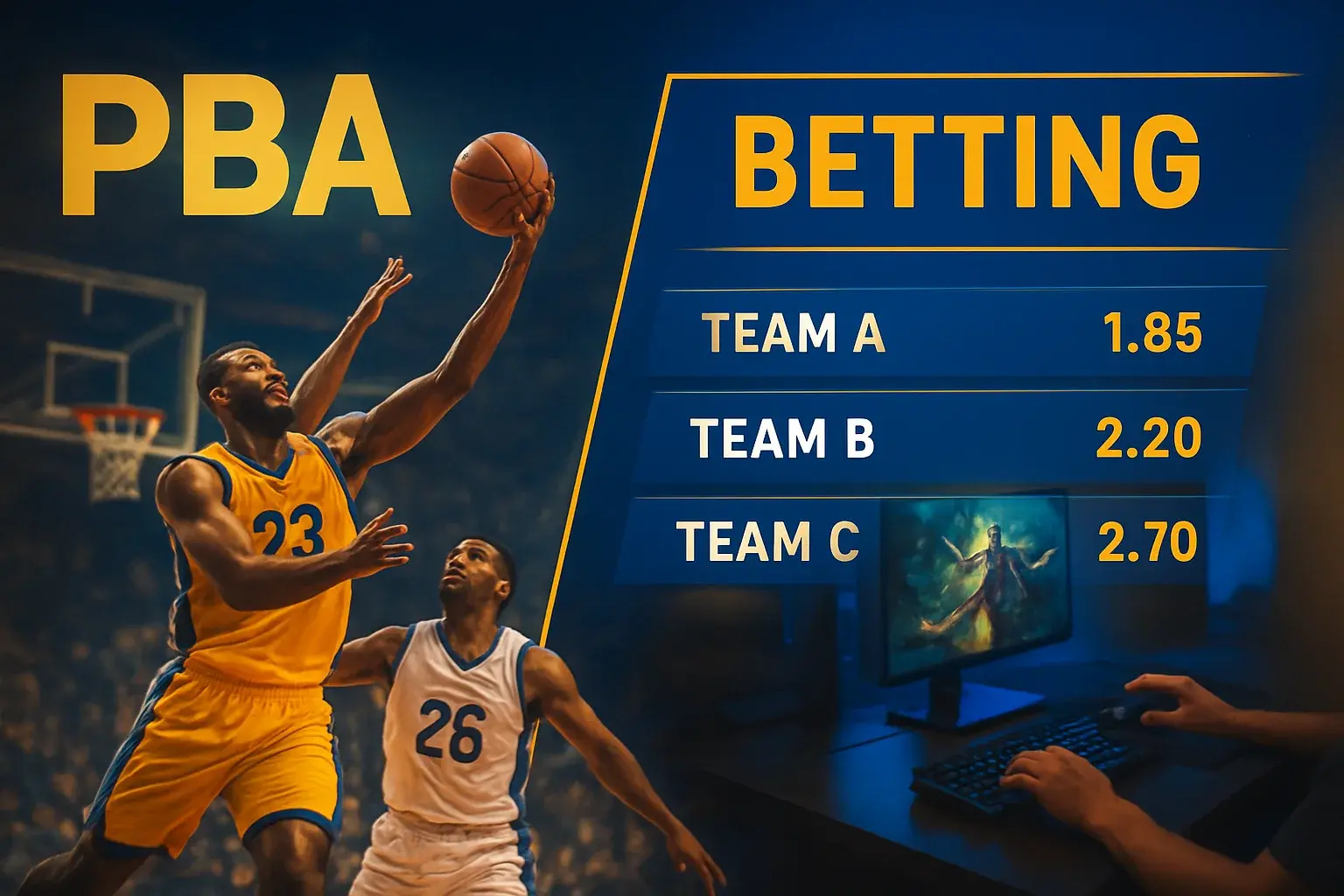 Dynamic Philippine sports betting banner with PBA action and Mobile Legends setup
